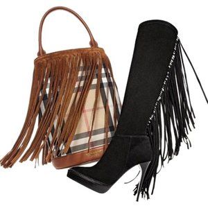 Burberry Black New Caitlin Fringe Knee High Suede Size 38.5 8.5